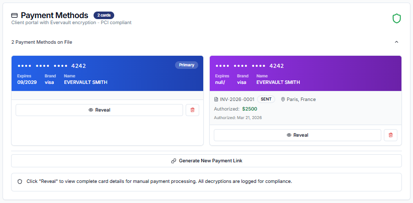 Booking Pro Payment Methods panel showing PCI-compliant encrypted card storage with masked card numbers and reveal functionality